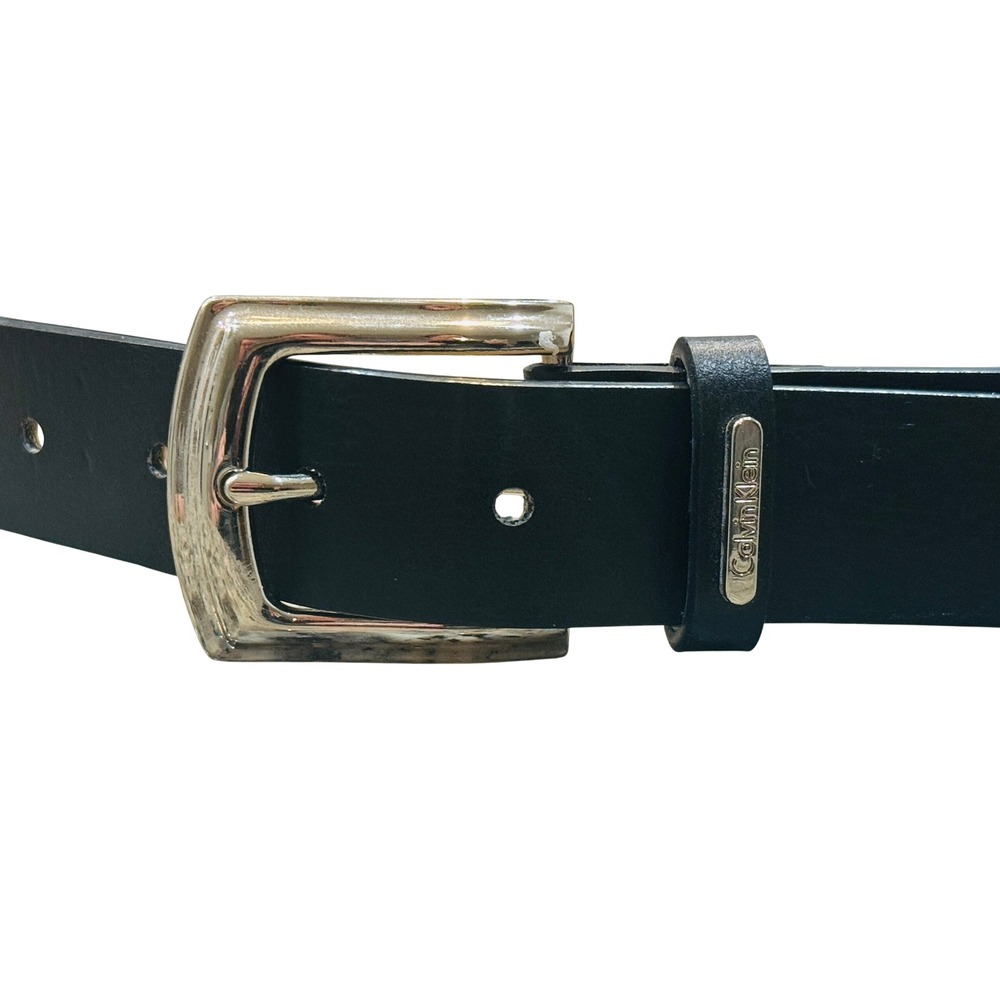 Calvin Klein Men's Black Synthetic Leather Belt Silver Buckle Style Size L‎